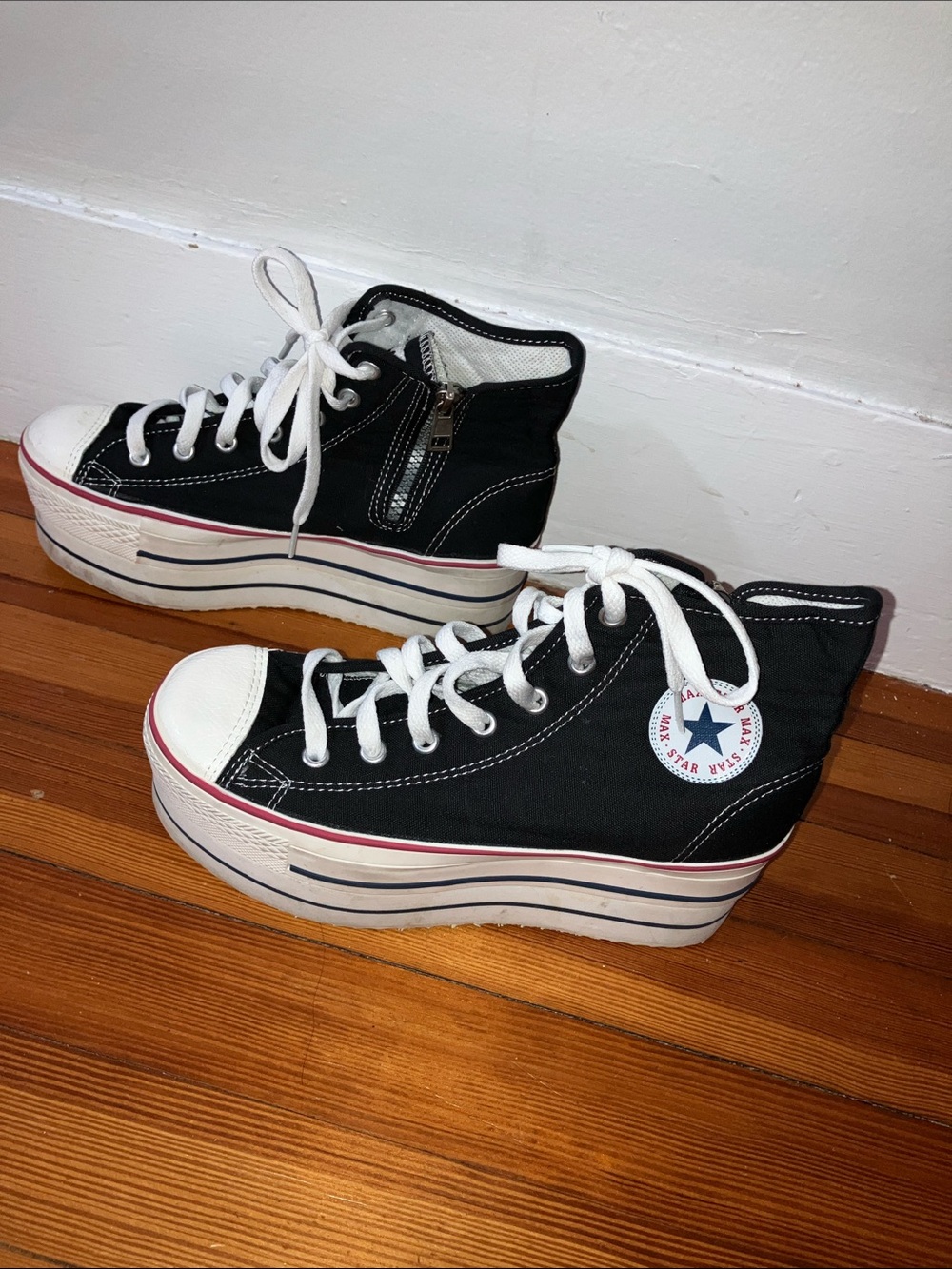 MAX STAR Black Platform High-Top Canvas Sneakers with Red Stripe - Picture 6 of 8